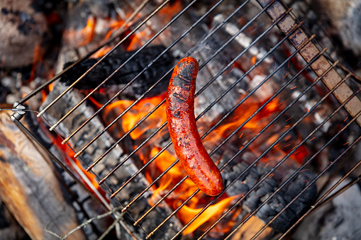 Sausage roasting on a campfire.