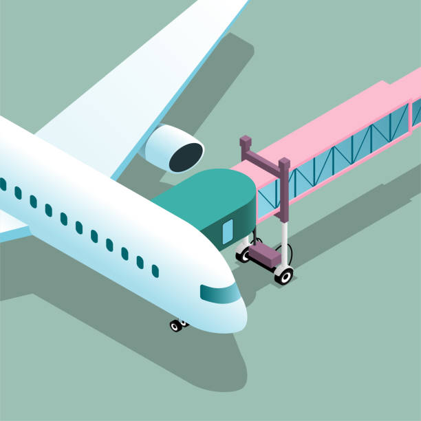 illustrazioni stock, clip art, cartoni animati e icone di tendenza di angolo vettoriale dell'aeroporto, un aereo passeggeri era parcheggiato sul grembiule verde e collegato al ponte d'imbarco. - passenger boarding bridge