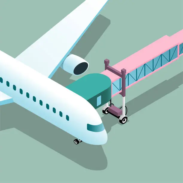 Vector illustration of Vector drawn corner of the airport,A passenger plane was parked on the green apron and connected to the boarding bridge.