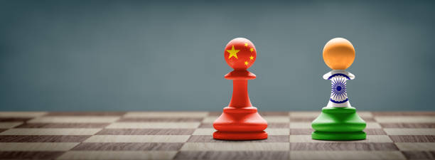 China and India conflict concept image. China and India conflict. Country flags on chess pawns on a chess board. 3D illustration. soldier on the wall stock pictures, royalty-free photos & images