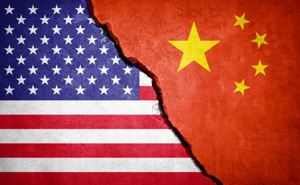 USA and China conflict concept image. USA and China conflict. Country flags on broken wall. Illustration. china stock pictures, royalty-free photos & images