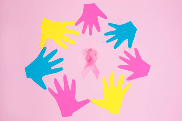 istock Some handprints of different colors forming a circle and pink ribbon inside 1251040213
