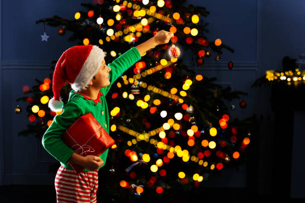 istock Boy with present near New Year tree point finger 1251044542