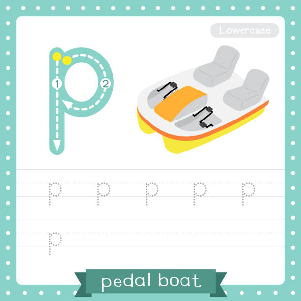Letter P lowercase tracing practice worksheet of Pedal Boat Letter P lowercase cute children colorful transportations ABC alphabet tracing practice worksheet of Pedal Boat for kids learning English vocabulary and handwriting Vector Illustration. paddleboat stock illustrations