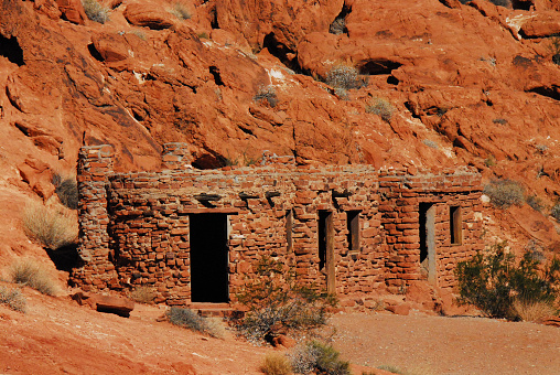 Dating from 1933, these Aztec Sandstone cabins were built by the Civilian Conservation Corps to provide facilities for Nevada's first state park.  Photographed in the Valley of Fire state park in Nevada, USA.