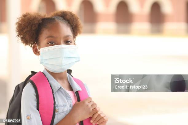 African Descent Girl On School Campus Mask For Covid19 Stock Photo - Download Image Now