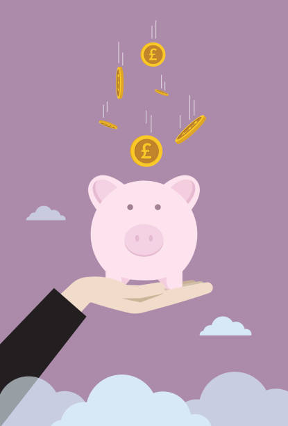 ilustrações de stock, clip art, desenhos animados e ícones de businessman raises piggy bank with a falling a uk pound coin - one pound coin