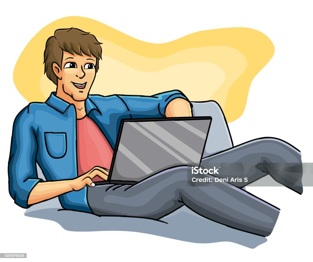 Cartoon Illustration Of Man Using Laptop In The Bed Stock Illustration -  Download Image Now - iStock