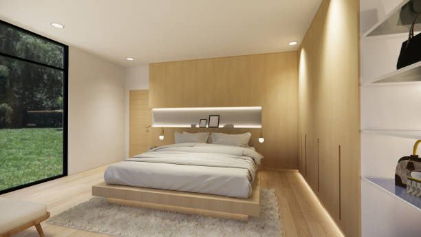 istock 3d rendering. Interior house modern open living space with modern minimal  style  apartment residence.Home decoration  interior design idea.Bedroom wood material. 1251074577