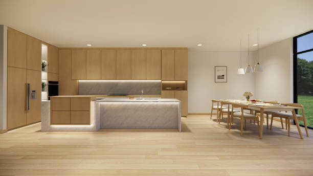 istock 3d rendering. Interior house modern open living space with modern minimal  style  apartment residence.Home decoration  interior design idea.Bedroom wood material. 1251074592