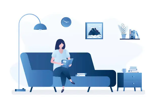 Vector illustration of Beauty woman sitting on a sofa and reading a book or magazine. Living room interior