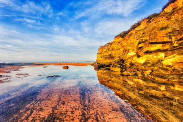 Sandstone rocks of Narrabeen headland over seabed of Narrabeen beach at low tide under warm sunrise sun.