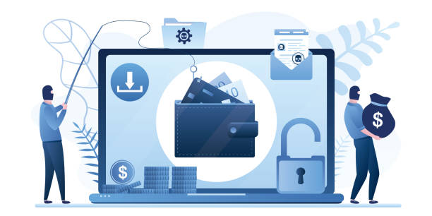 Online scam, malware and password phishing. Laptop with e-wallet and group of hackers in mask attack computer Data phishing concept background. Online scam, malware and password phishing. Laptop with e-wallet and group of hackers in mask attack computer. Internet Financial Security Problem. Vector illustration fraud protection stock illustrations