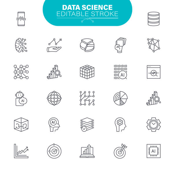 Data Science Icons Machine learning, Smart Robotic, Cloud Computing, Digital AI technology, Rubik's Cube, Editable Icon Set puzzle cube stock illustrations