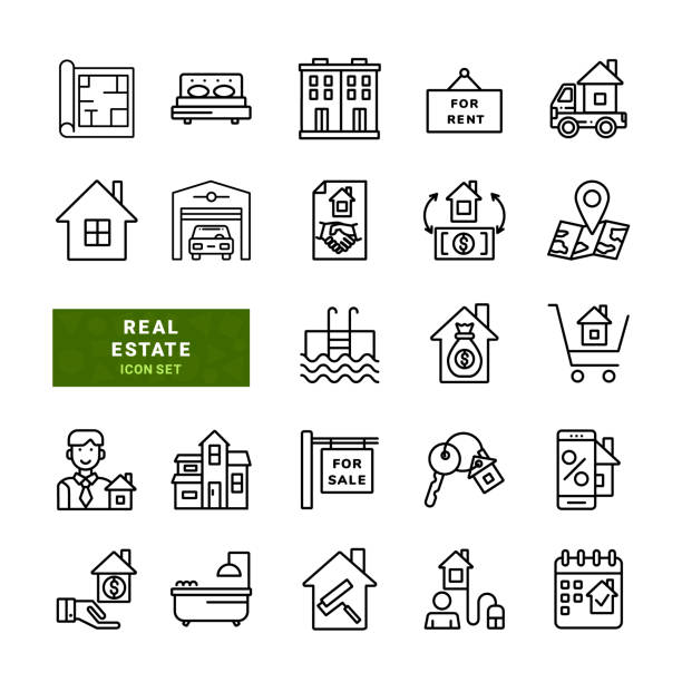ilustrações de stock, clip art, desenhos animados e ícones de real estate icon set. - key mortgage house housing development