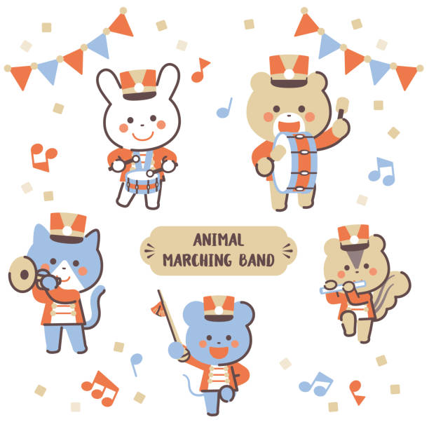 ilustraciones, imágenes clip art, dibujos animados e iconos de stock de banda de marcha animal juego de personajes / cuatro colores - parade marching band trumpet musical instrument