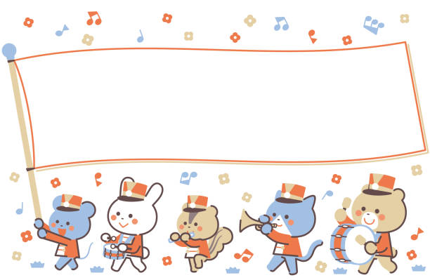 ilustrações, clipart, desenhos animados e ícones de banda de marcha animal marchando flag character frame / quatro cores - bugle music musical instrument musical note