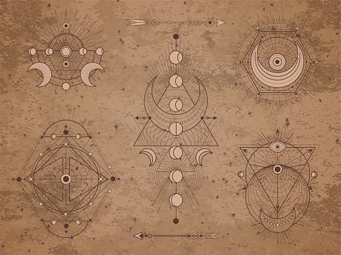 Vector set of Sacred symbols with moon, arrows and geometric figures on old paper background. Abstract mystic signs collection drawn in lines. Image in sepia color.