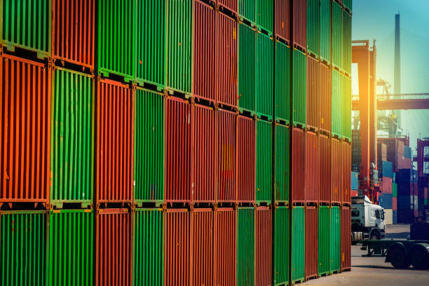 istock Stacked shipping container on freight harbour, Hong Kong 1251091097