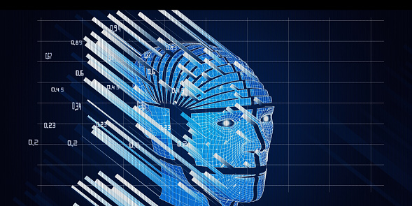 3D rendering of abstract background with wireframe human  head cyborg. Polygonaly robot with bllured lines and effects lense fortechnology and science banner. Futuristic analytics artificial intelligence data concept.Big data.