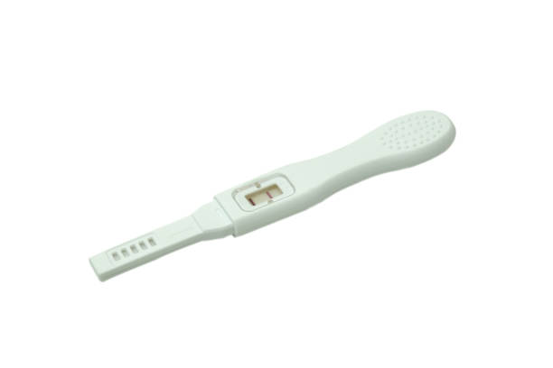 istock Positive white plastic pregnancy test isolated on white background. 1251095502