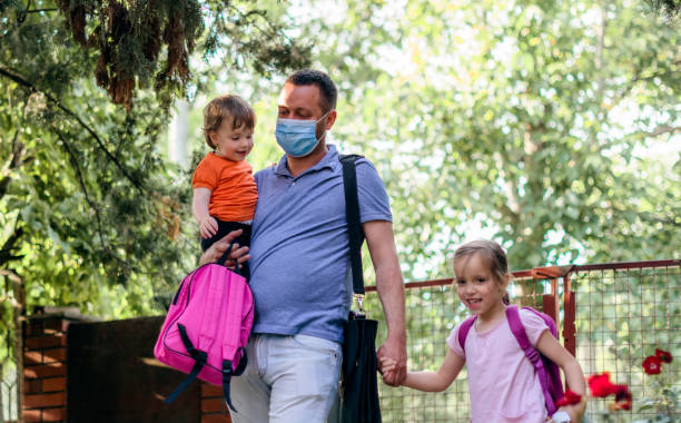 istock Children and working father wearing face mask going to kindergarten 1251097821