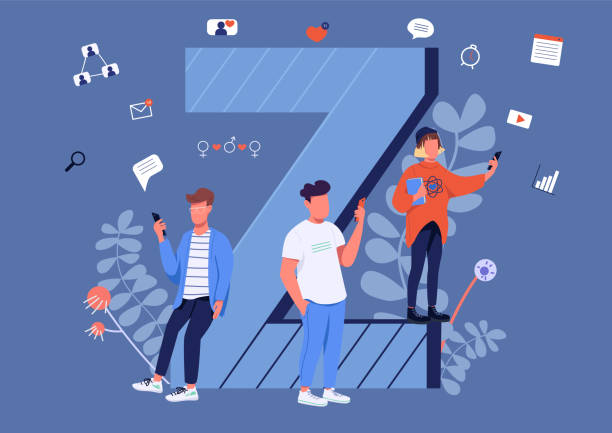 Gen Z communication flat concept vector illustration Gen Z communication flat concept vector illustration. Young people with smartphones 2D cartoon characters for web design. Modern youth, generation Z lifestyle, internet culture creative idea gen z stock illustrations