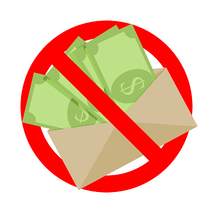 No bribe and untaxed salary, symbol ban and forbidden. Ban bribe payment, cash corruption, bribery illegal, crime with currency, financial no envelope, vector illustration