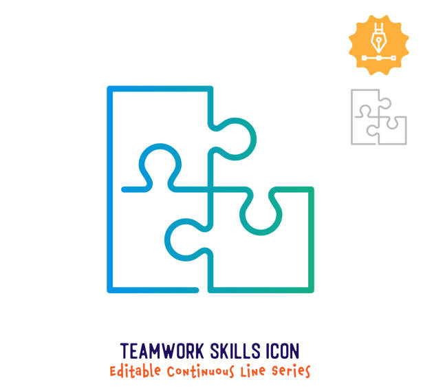 팀워크 스킬 연속 라인 편집 가능한 스트로크 라인 - solution jigsaw piece jigsaw puzzle problems stock illustrations