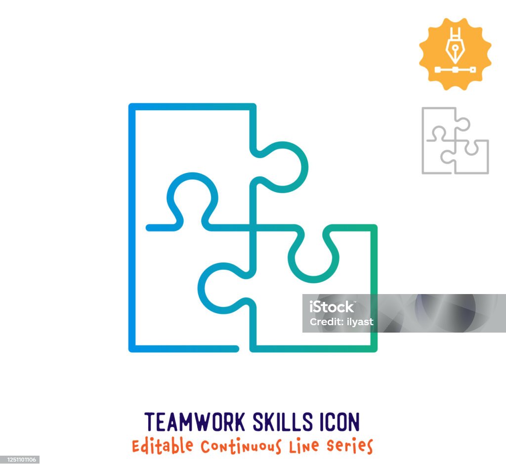 Teamwork Skills Continuous Line Editable Stroke Line Teamwork skills vector icon illustration for logo, emblem or symbol use. Part of continuous one line minimalistic drawing series. Design elements with editable gradient stroke line. Puzzle stock vector