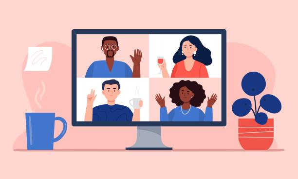Video conference with friends at home. Stream, web chatting, online party, or online meeting concepts. Workplace, quarantine isolation. Trendy flat vector illustration. happy hour illustrations stock illustrations