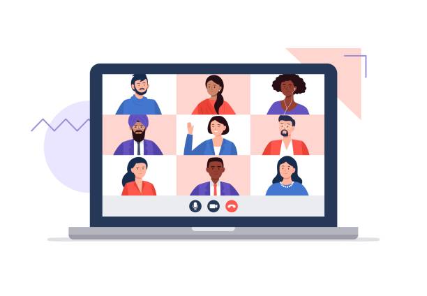 People learning or meeting online with a video conference on a laptop. Video calling with friends or colleagues, working from home, and working from anywhere. Trendy flat vector illustration. video meeting stock illustrations