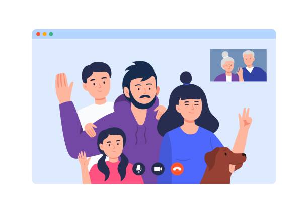 illustrations, cliparts, dessins animés et icônes de une famille parle dans le chat vidéo. - people in the background video