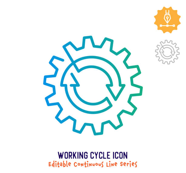 Working Cycle Continuous Line Editable Stroke Line Working cycle vector icon illustration for logo, emblem or symbol use. Part of continuous one line minimalistic drawing series. Design elements with editable gradient stroke line. continuity stock illustrations