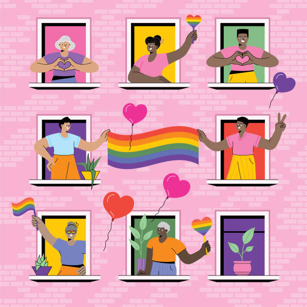 illustrazioni stock, clip art, cartoni animati e icone di tendenza di lgbtq pride a casa - gruppo multietnico illustrazioni