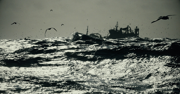 Fishing boat trawler sailing out in a rough North Sea