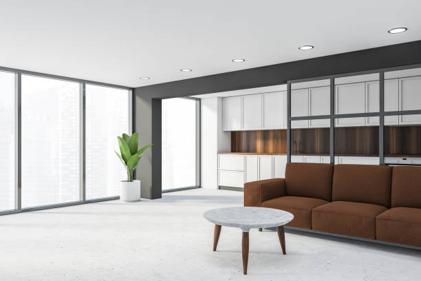 istock Brown sofa in grey living room and kitchen corner 1251110155