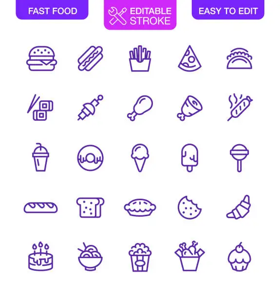 Vector illustration of Fast Food Icons Set Editable Stroke