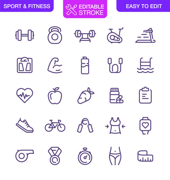 illustrazioni stock, clip art, cartoni animati e icone di tendenza di icone sport e fitness imposta tratto modificabile - exercise equipment weights jump rope shoe