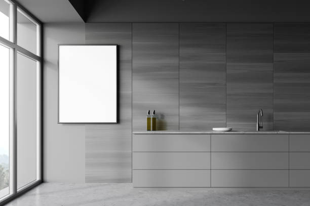istock Gray wood kitchen interior, countertops and poster 1251110528