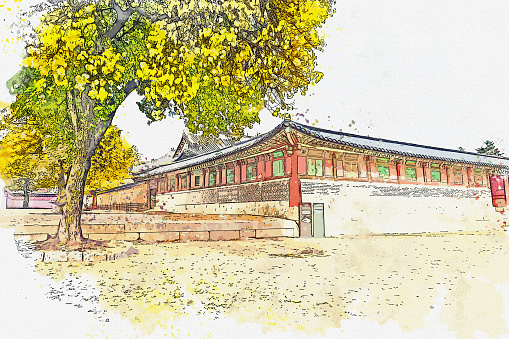 Watercolor drawing picture at Gyeongbokgung Palace.South Korea.