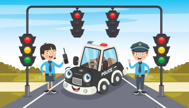 Vector illustration of Police Officers Posing With Funny Car