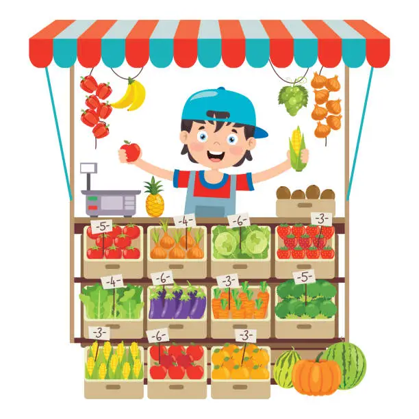 Vector illustration of Green Grocer Shop With Various Fruits And Vegetables