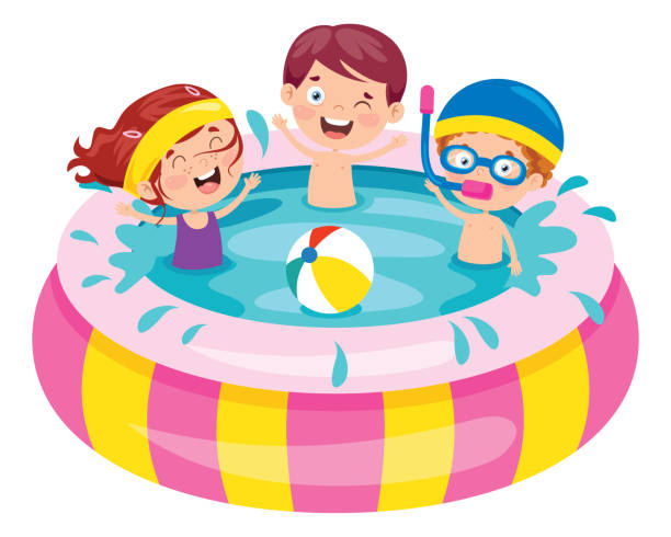 dzieci pływające w nadmuchiwanym basenie - sliding sands stock illustrations