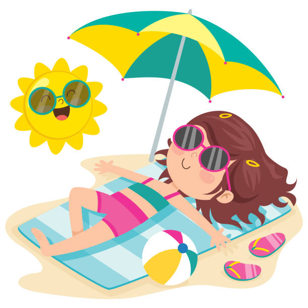 해변에서 일광욕을 즐기는 만화 캐릭터 - relaxation vacations heat sunglasses stock illustrations