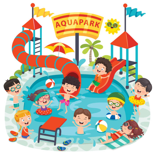 아쿠아 파크에서 스위밍하는 어린이 - swimming pool child water park inflatable stock illustrations