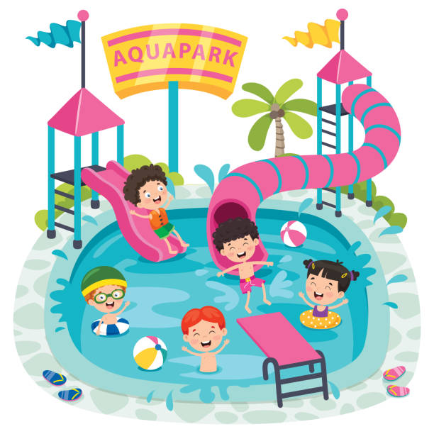 dzieci swiimming w aqua parku - swimming pool child water park inflatable stock illustrations