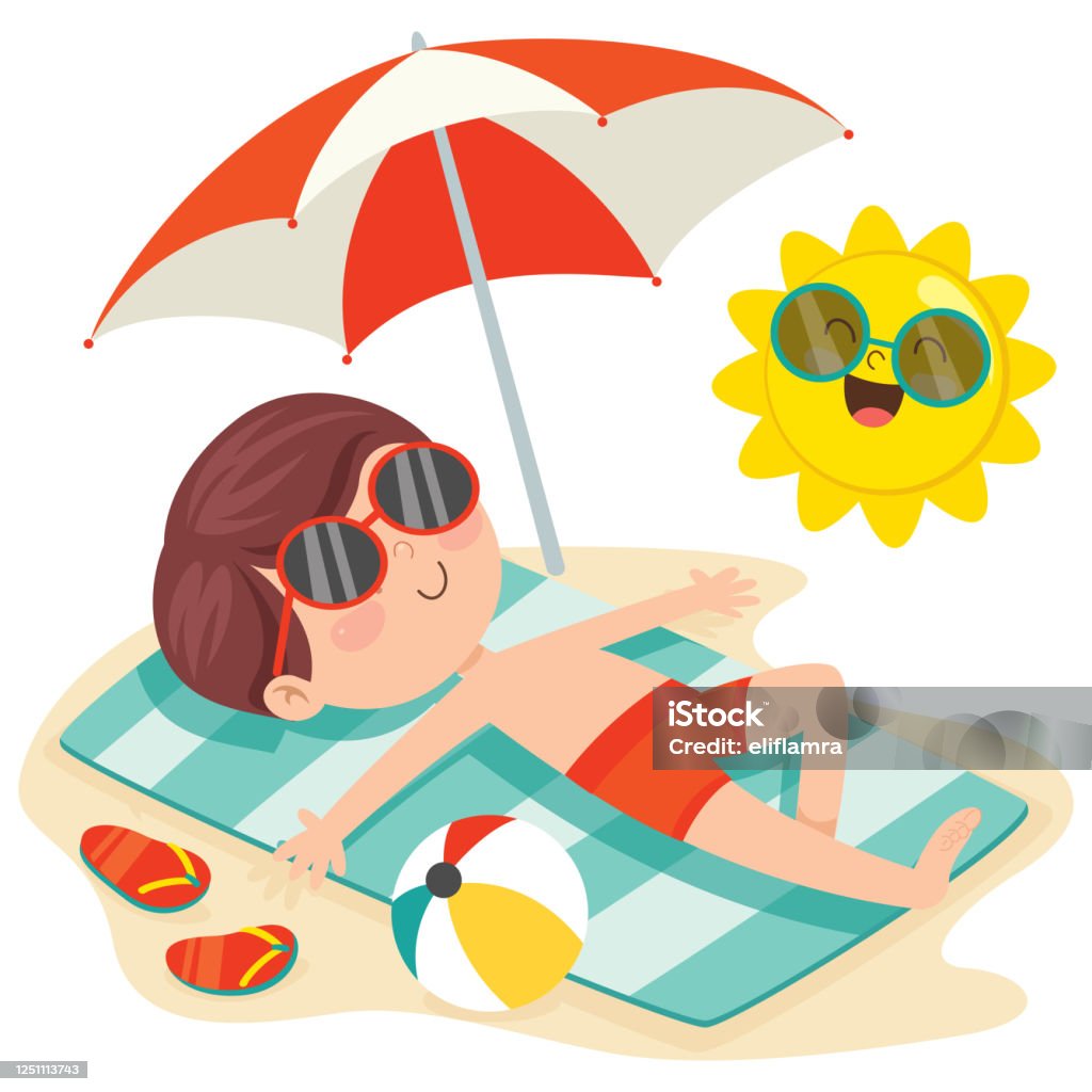 Ilustración de Personaje De Dibujos Animados Tomando El Sol En La Playa