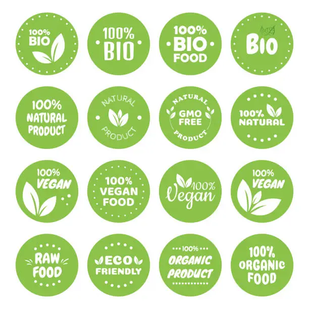 Vector illustration of Organic food labels. Fresh eco vegetarian products, vegan label and healthy foods badges. Veganism logo, vegans diet sticker or ecological food product stamp. Vegetarian eco green concept.