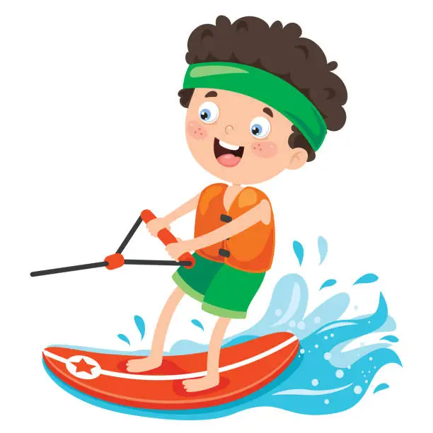 Vector illustration of Happy Cartoon Character Surfing At Sea